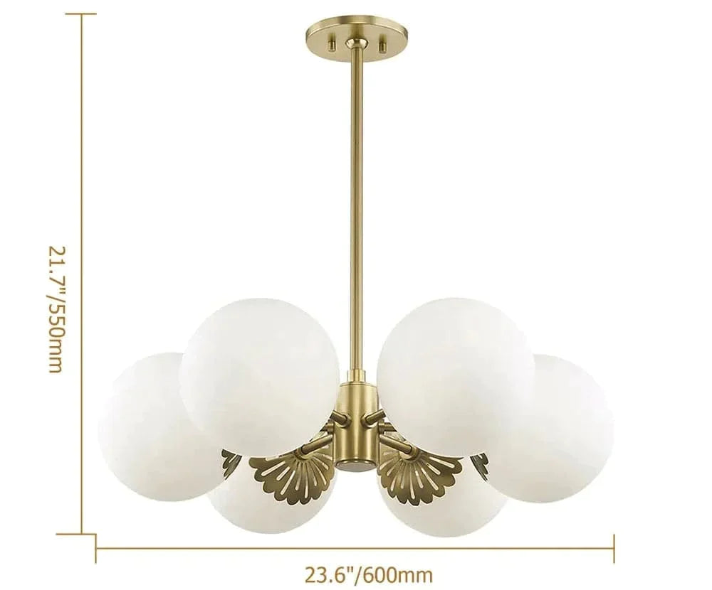 Modern Gold Chandelier 6-Light Semi Flush Light White Glass Shade