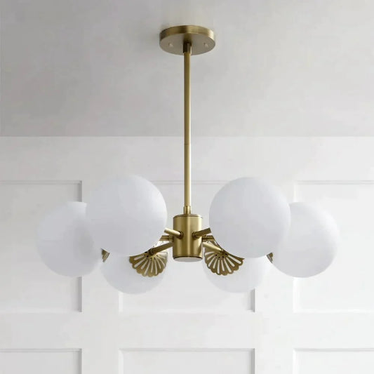 Modern Gold Chandelier 6-Light Semi Flush Light White Glass Shade