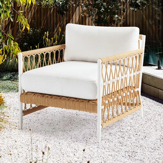 Woven Rope Outdoor Armchair Accent Chair with White Polyester Cushion