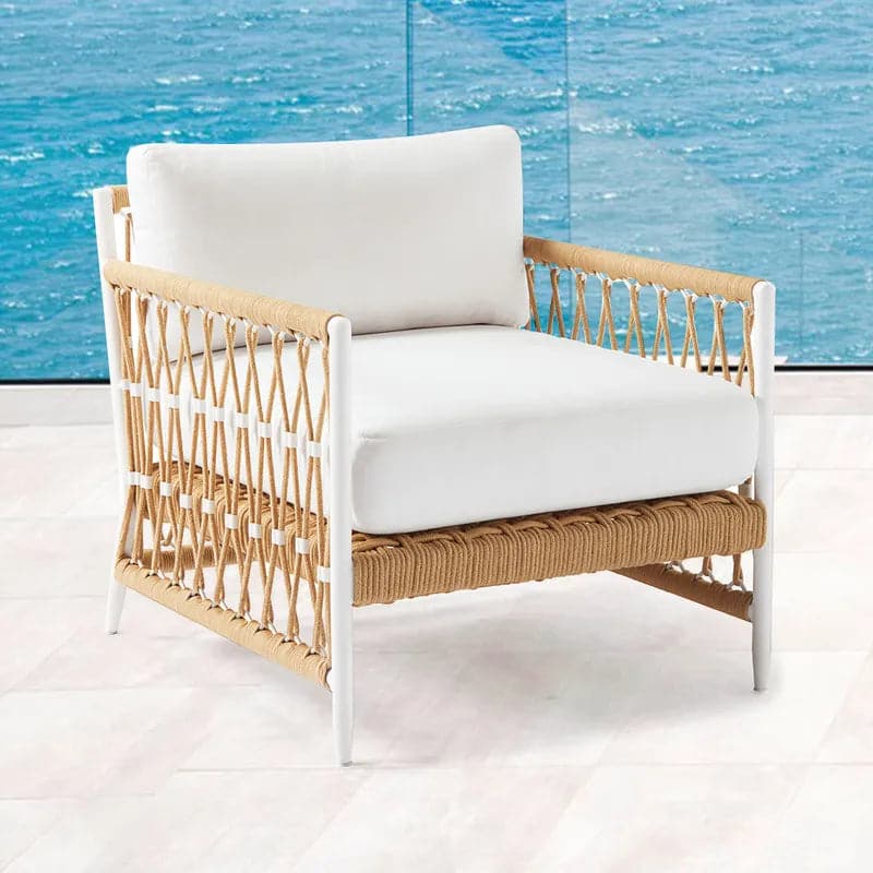 Woven Rope Outdoor Armchair Accent Chair with White Polyester Cushion