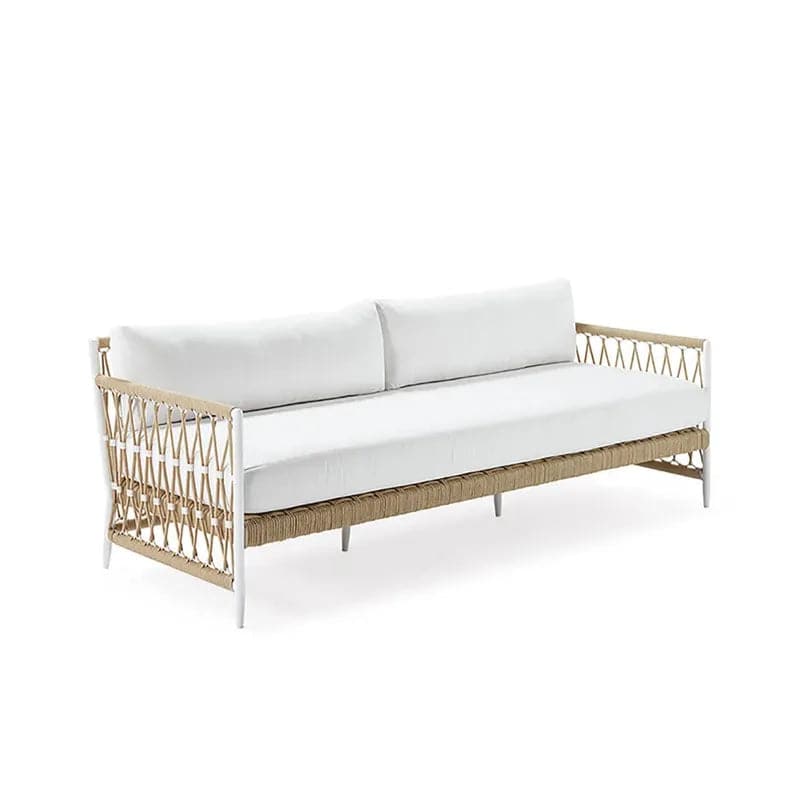 Woven Rope Outdoor Sofa 3-Seater Sofa with White Polyester Pillow Cushion