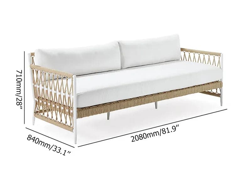 Woven Rope Outdoor Sofa 3-Seater Sofa with White Polyester Pillow Cushion