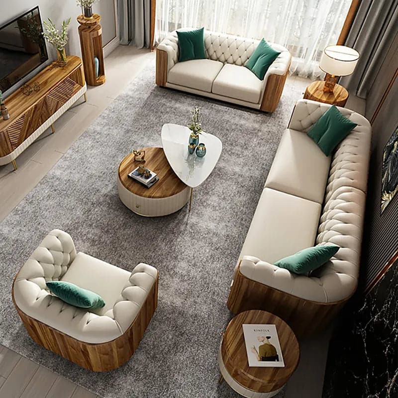 Modern Beige Faux Leather Tufted Sofa & Loveseat Living Room Set of 3