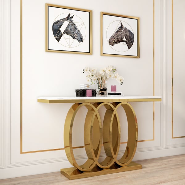 47.2" Narrow Modern White Console Table with Faux Marble Top & Stainless Steel Base