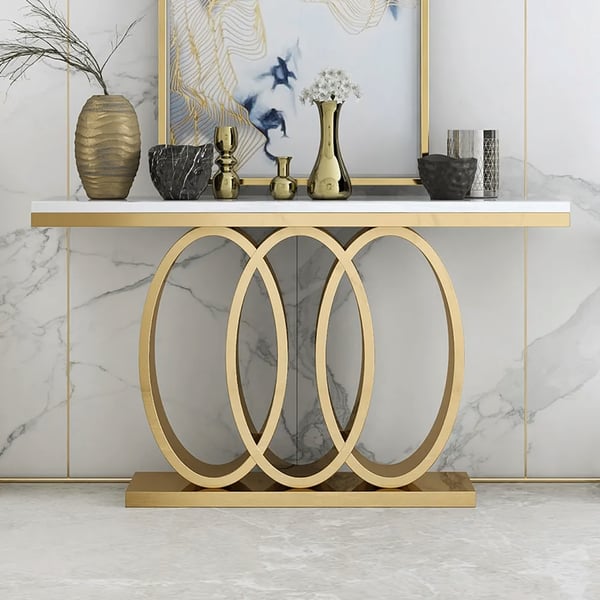 47.2" Narrow Modern White Console Table with Faux Marble Top & Stainless Steel Base